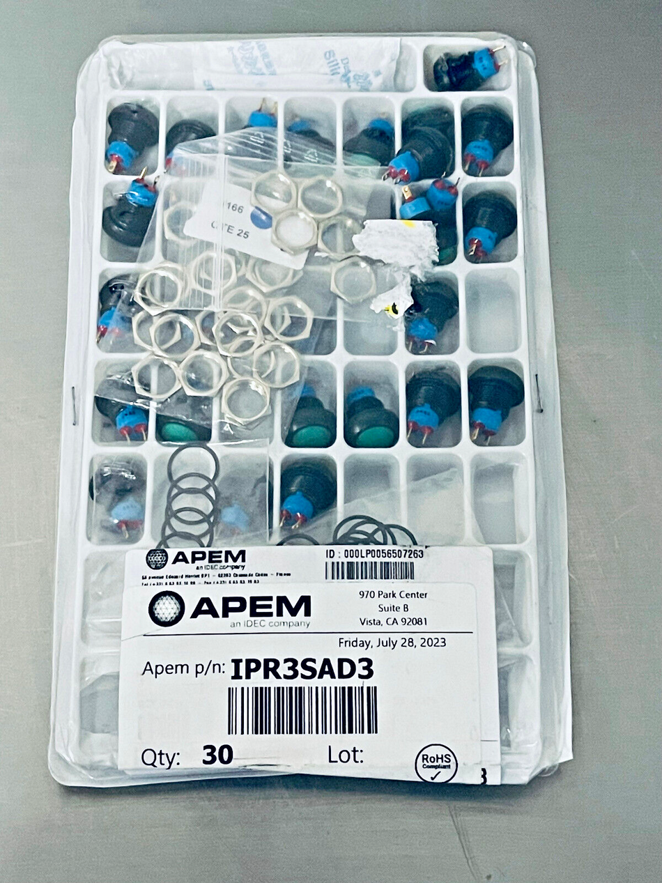 Apem IPR3SAD3 Pushbutton Switches, Threaded, N.O. SPST, 48VAC, 48VDC, 30 Pack