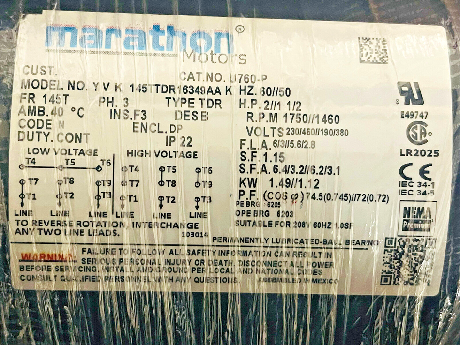 Marathon 145TTDR16349 BCP Inverter Duty Motor U760-P